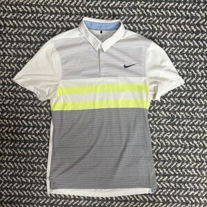 Nike Men's Polo Shirt - White, Yellow, and Black Stripes